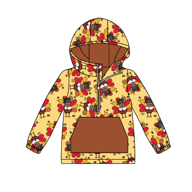 (Custom Design Preorder MOQ 5)  Turkey Print Boys Thanksgiving Hoodie Zipper Tops