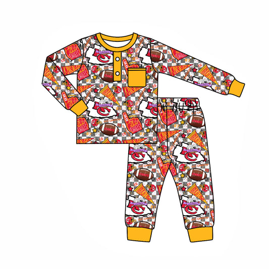 (Custom Design Preorder MOQ 5) Team's KC Yellow Print Pocket Boys Fall Pajamas Clothes Set