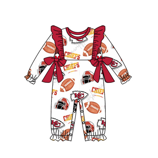 (Custom Design Preorder MOQ 5) Team's KC White Print Bows Baby Girls Fall Romper