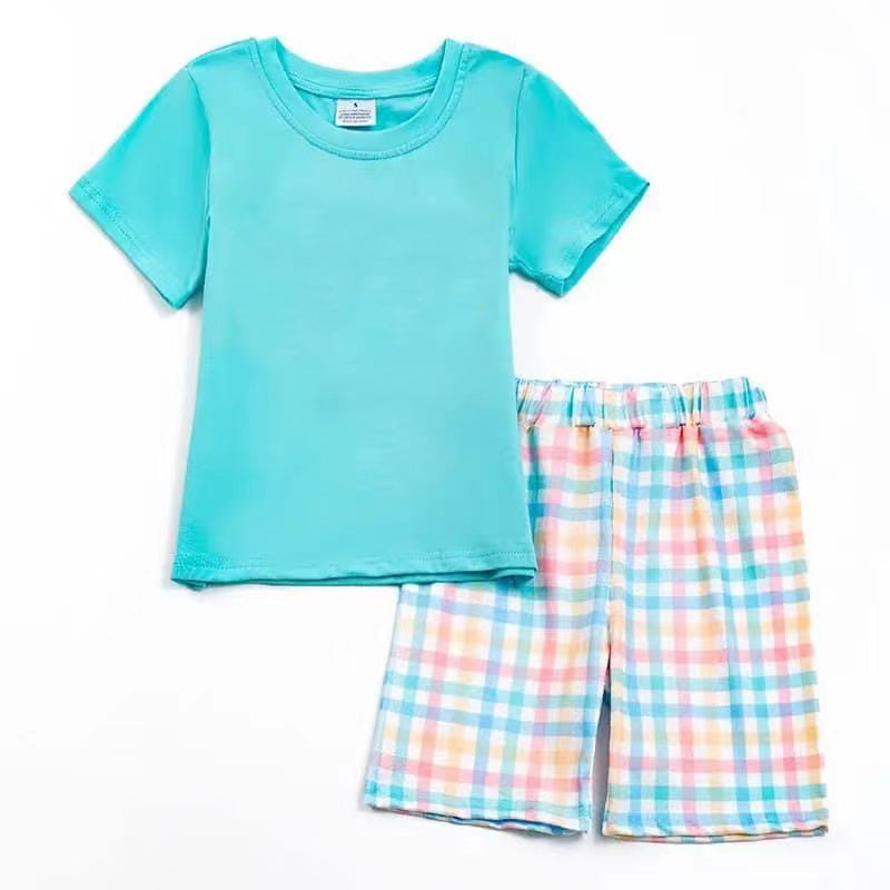 (Custom Design Preorder MOQ 5) Blue Top Plaid Shorts Boys Spring Clothes Set