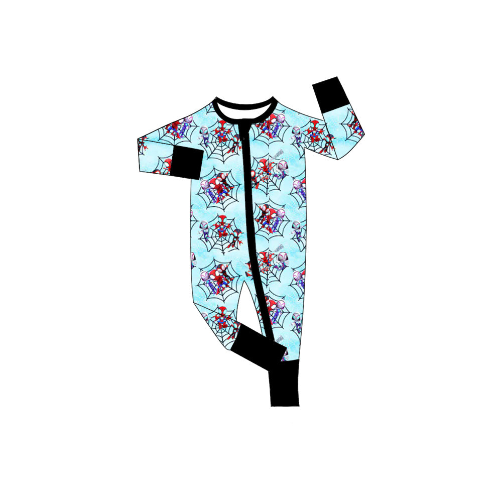 (Custom Design Preorder MOQ 5)  Cartoon Spider Web Print Baby Boys Fall Sleeper Zipper Romper