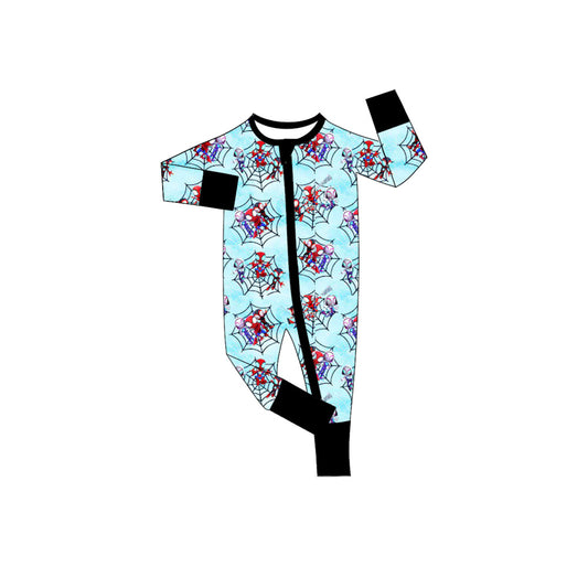 (Custom Design Preorder MOQ 5)  Cartoon Spider Web Print Baby Boys Fall Sleeper Zipper Romper
