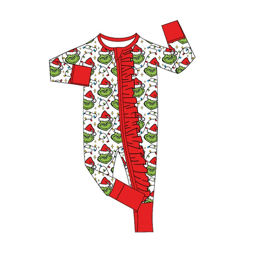 (Custom Design Preorder MOQ 5) Green Frog Lights Print Baby Girls Christmas Sleeper Zipper Romper