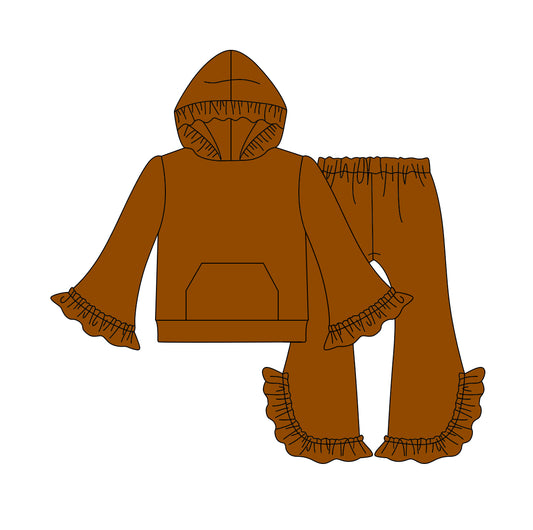 (Custom Design Preorder MOQ 5)  Brown Color Girls Hoodie Ruffles Fall Clothes Set