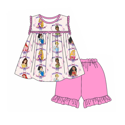 (Custom Design Preorder MOQ 5) Cartoon Princess Tunic Top Pink Shorts Girls Summer Clothes Set