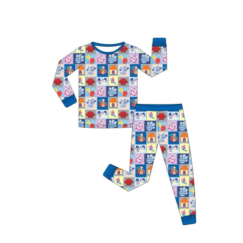 (Custom Design Preorder MOQ 5) Cartoon Paw Print Kids Fall Bamboo Pajamas Clothes Set