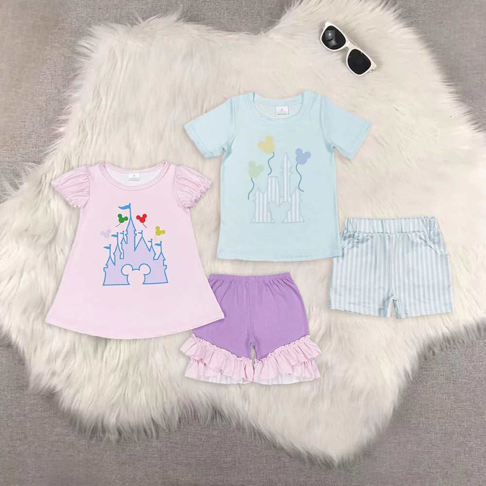 Cartoon Castle Shorts Kids Summer Clothes Set Sibling Wear