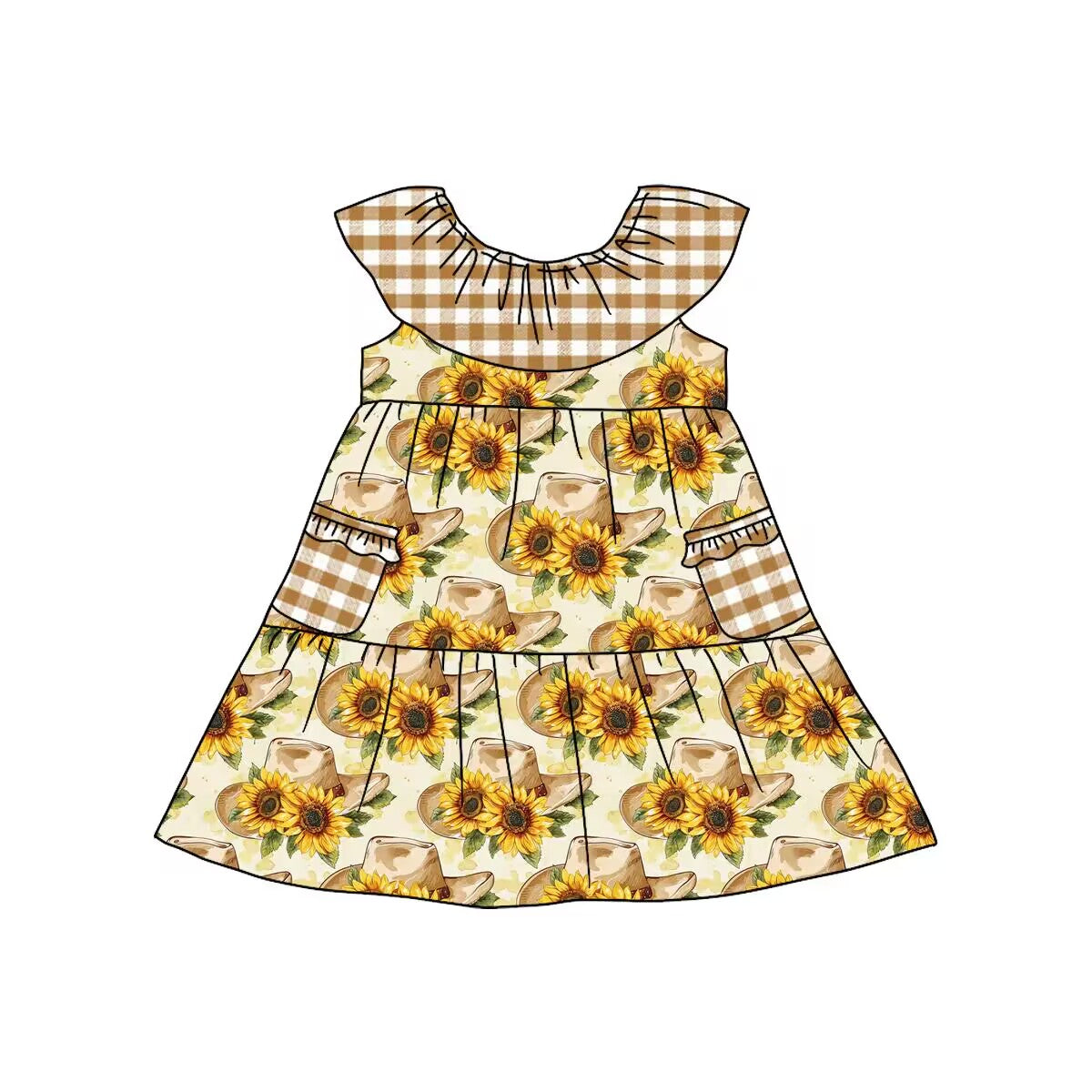 (Custom Design Preorder MOQ 5)  Hat Sunflowers Print Pockets Girls Knee Length Summer Dress