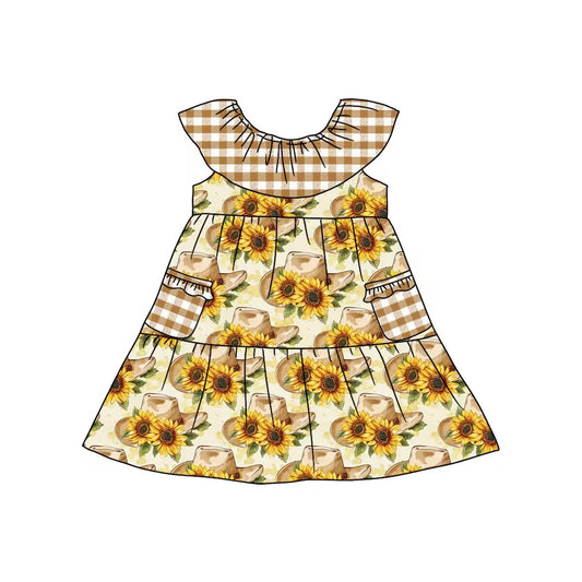 (Custom Design Preorder MOQ 5)  Hat Sunflowers Print Pockets Girls Knee Length Summer Dress