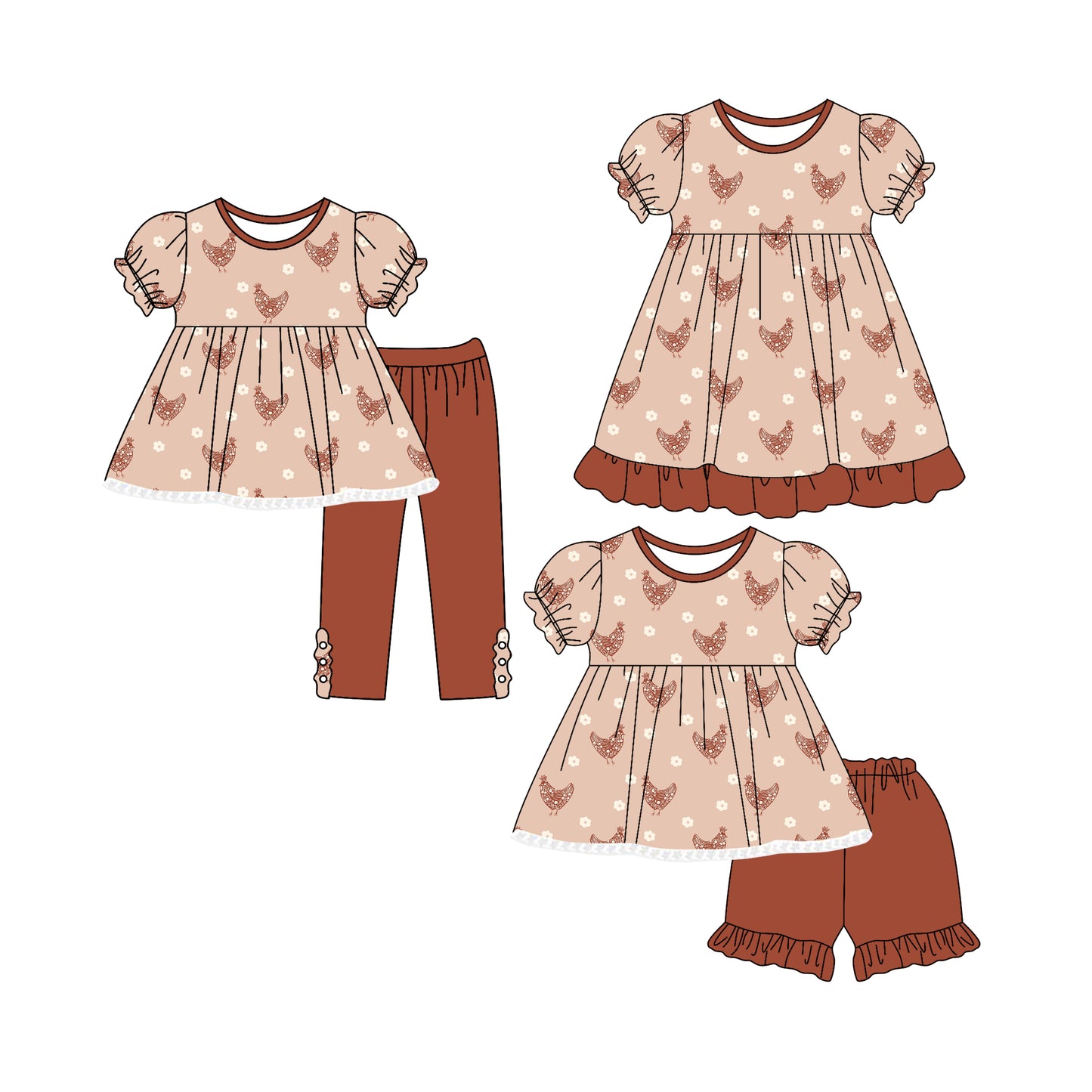 4.29(Custom Design Preorder MOQ 5 Each Design) Chicken Brown Print Girls Matching Clothes Sisters Wear