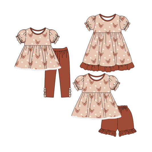 4.29(Custom Design Preorder MOQ 5 Each Design) Chicken Brown Print Girls Matching Clothes Sisters Wear