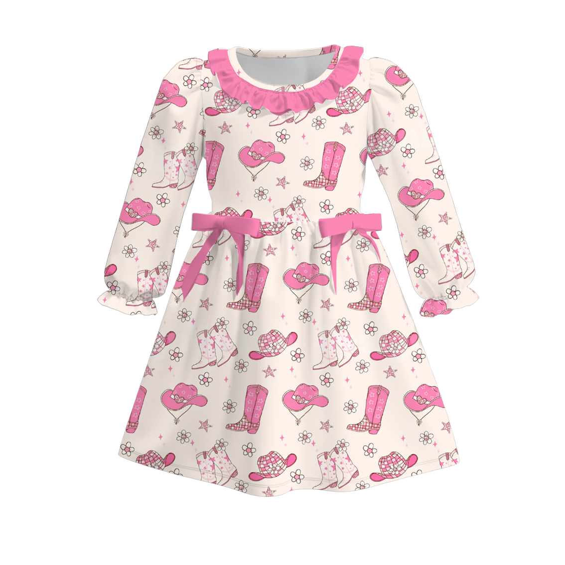 (Custom Design Preorder MOQ 5) Boots Hat Flowers Print Girls Knee Length Fall Dress