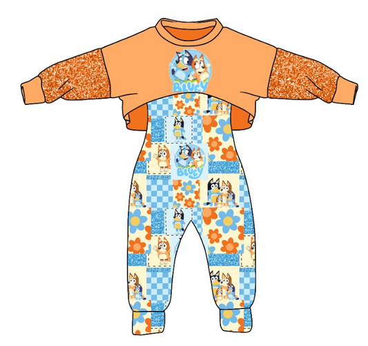 (Custom Design Preorder MOQ 5) Cartoon Dog Print Girls Jumpsuits Clothes Set