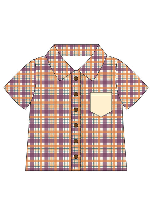 (Custom Design Preorder MOQ 5) Brown Purple Plaid Print Boys Fall Tee Shirts Top