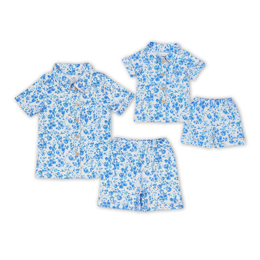 Blue Flowers Print Mom and Me Matching Summer Pajamas Clothes Set