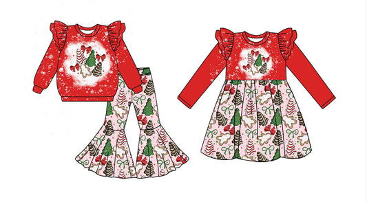 (Custom Design Preorder MOQ 5 Each Design) Cake Tree Bows Print Girls Christmas Matching Clothes Sisters Wear