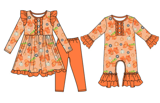 7.1(Custom Design Preorder MOQ 5 Each Design) Pumpkin Bows Print Girls Halloween Matching Clothes Sisters Wear