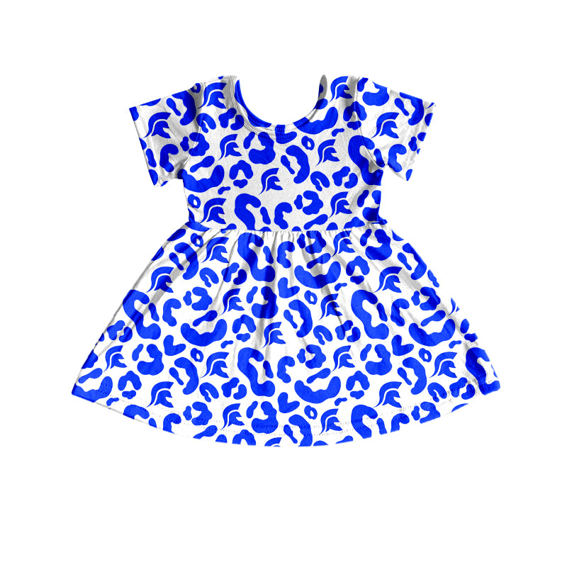(Custom Design Preorder MOQ 5) Team's Parkers Blue Leopard Print Girls Short Sleeve Knee Length Dress
