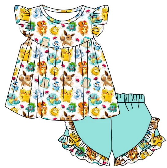 (Custom Design Preorder MOQ 5 )Cartoon Animals Tunic Top Ruffle Shorts Girls Summer Clothes Set