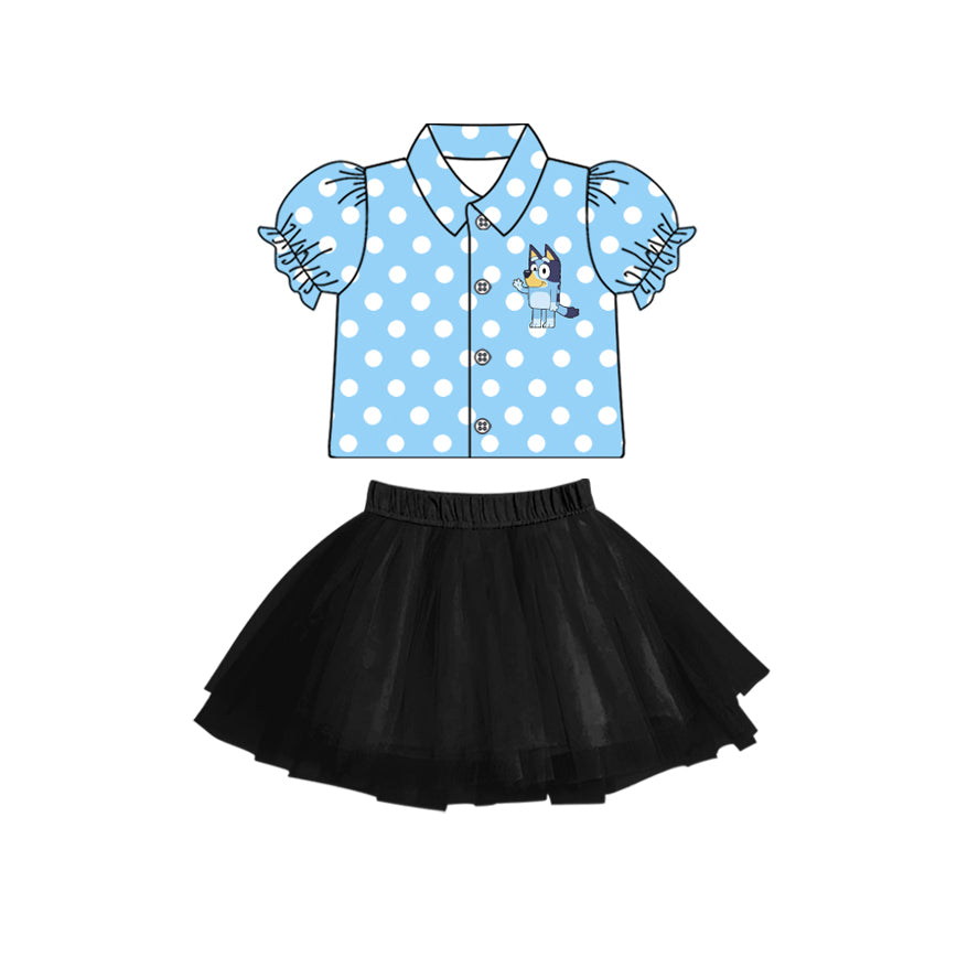 (Custom Design Preorder MOQ 5) Cartoon Dog Blue Dots Top Black Tulle Skirts Girls Clothes Set