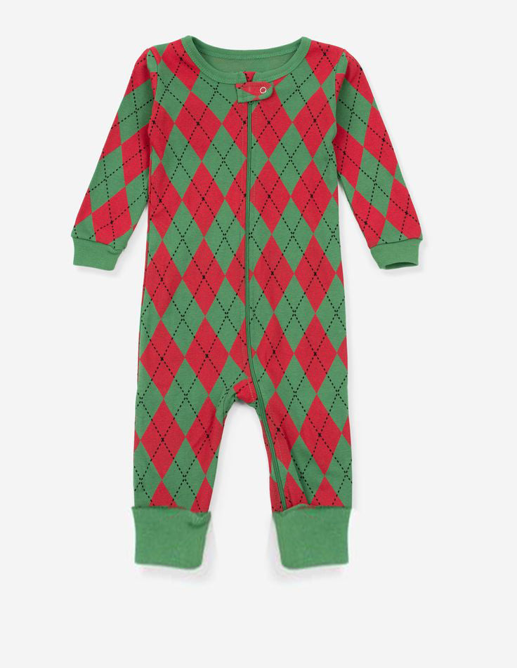 (Custom Design Preorder MOQ 5) Red Green Plaid Print Baby Christmas Sleeper Zipper Romper