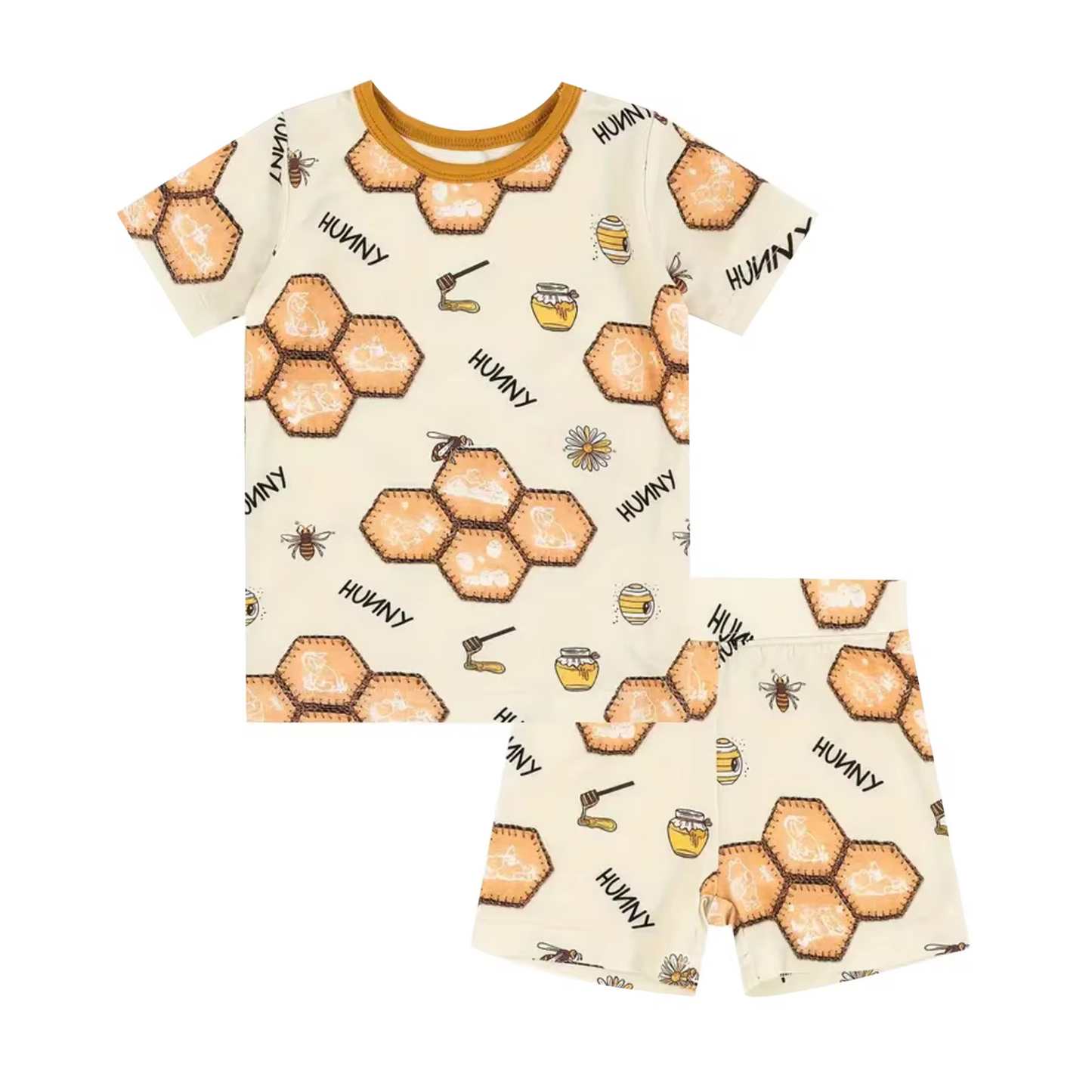 (Custom Design Preorder MOQ 5) Bee Print Girls Summer Pajamas Clothes Set