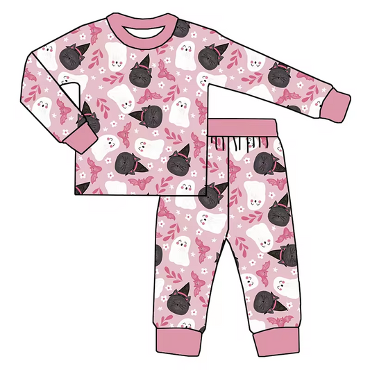 (Custom Design Preorder MOQ 5) Ghost Cat Bat Flowers Print Girls Halloween Pajamas Clothes Set
