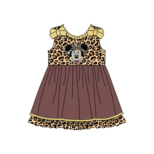 (Custom Design Preorder MOQ 5) Cartoon Mouse Leopard Print Girls Knee Length Summer Dress