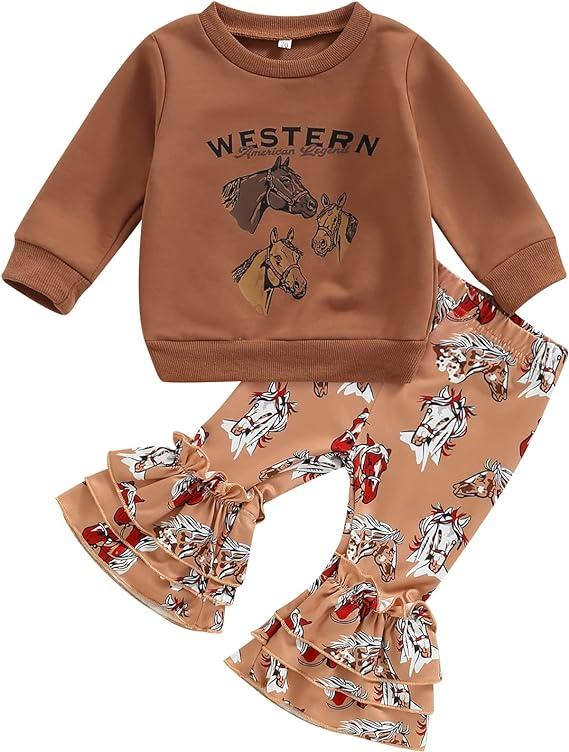 (Custom Design MOQ 5) Brown Horse Print Girls Bell Pants Western Clothes Set