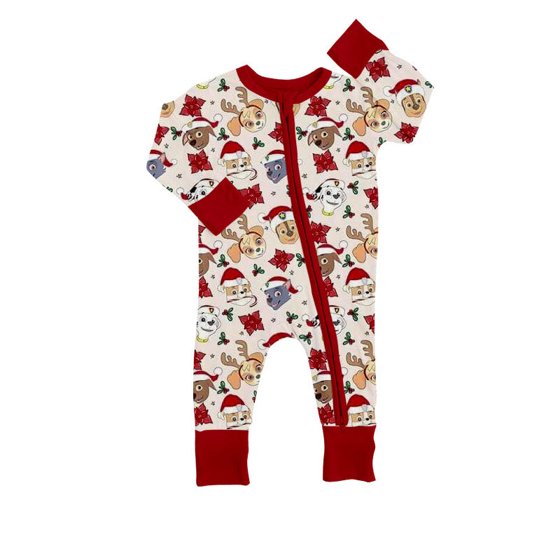 (Custom Design Preorder MOQ 5)  Cartoon Dog Print Baby Bamboo Christmas Sleeper Zipper Long Sleeve Romper