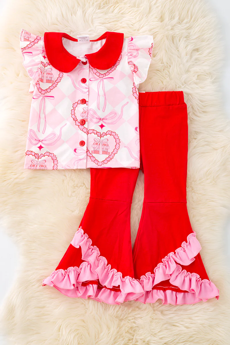 (Custom Design Preorder MOQ 5) Pink Plaid Bows Top Red Bell Pants Girls Clothes Set
