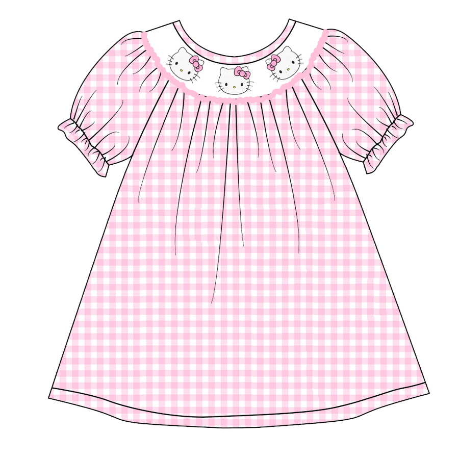 (Custom Design Preorder MOQ 5) Cartoon Cat Pink Plaid Print Girls Knee Length Summer Dress