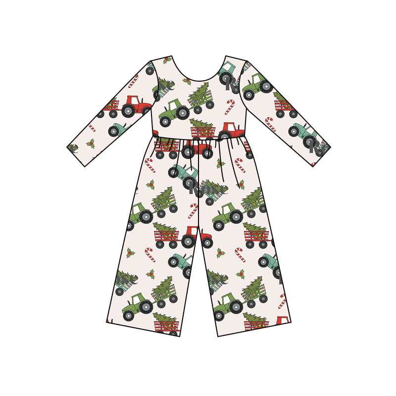 (Custom Design MOQ 5) Trucks Candy Cane Holly Print Girls Christmas Jumpsuits