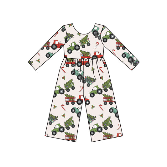 (Custom Design MOQ 5) Trucks Candy Cane Holly Print Girls Christmas Jumpsuits