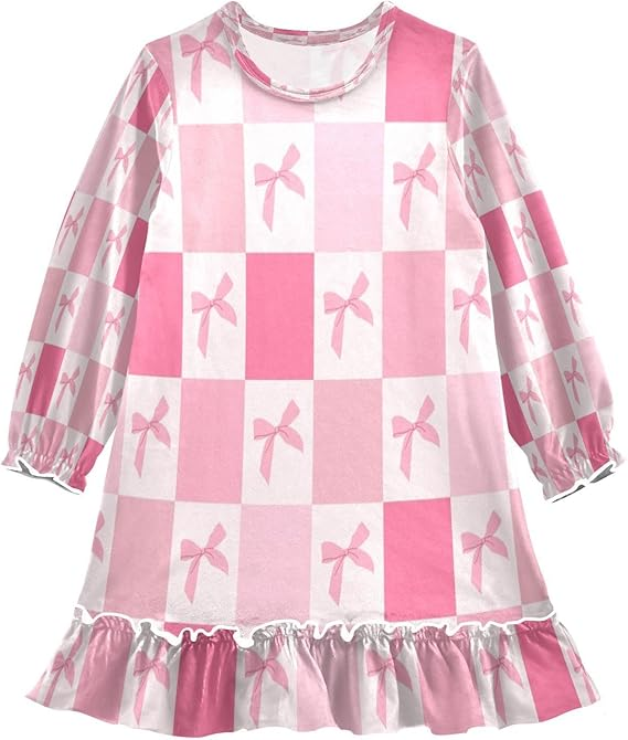 (Custom Design Preorder MOQ 5) Pink Bows Plaid Print Girls Knee Length Dress