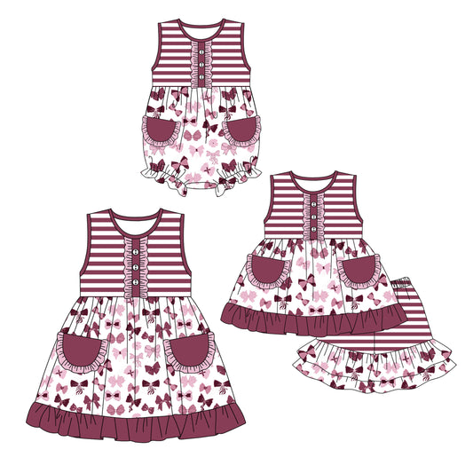 2.7(Custom Design Preorder MOQ 5 Each Design) Bows Wine Print Girls Summer Matching Clothes Sisters Wear