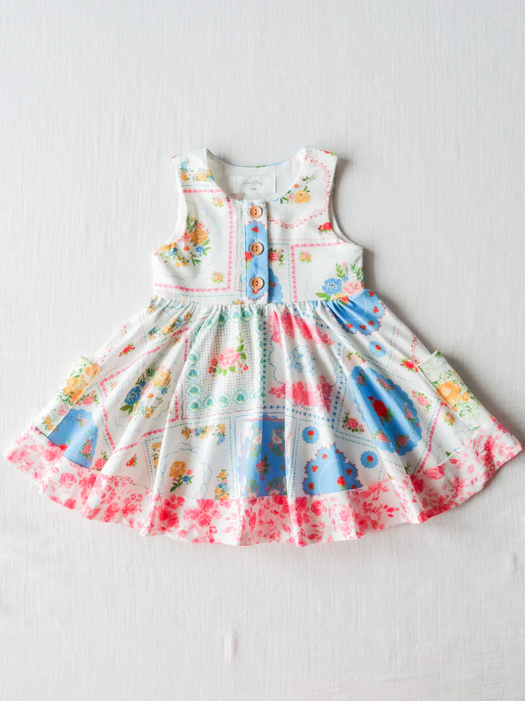 (Custom Design Preorder MOQ 5)  Flowers Print Girls Knee Length Summer Dress