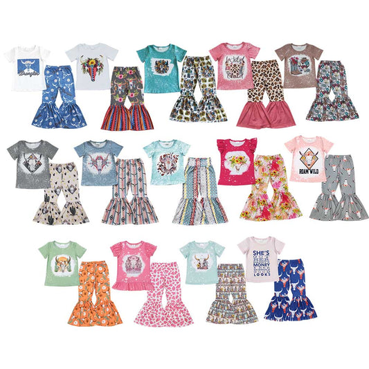 7 Colors Cow Skull Western Print Bell Pants Girls Clothes Set