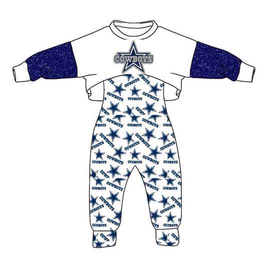 (Custom Design Preorder MOQ 5)Blue Star Football Team's Girls Jumpsuits Clothes Set