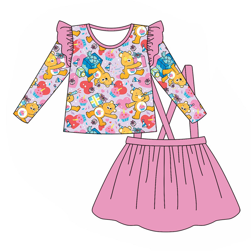 (Custom Design Preorder MOQ 5) Cartoon Bear Happy Birthday Top Overalls Dress Girls Fall Clothes Set