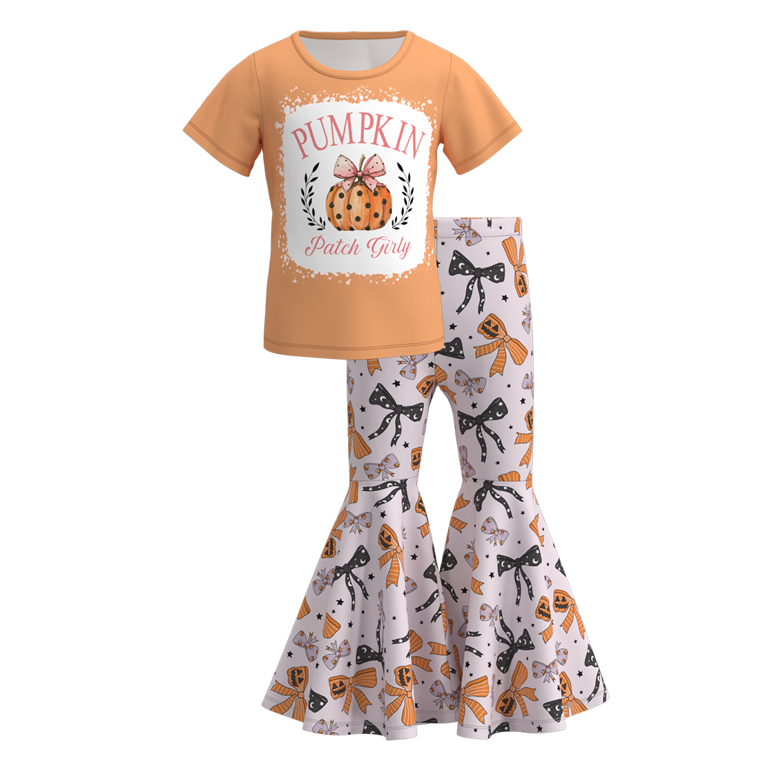 (Custom Design Preorder MOQ 5) Pumpkin Top Bows Bell Pants Girls Halloween Clothes Set