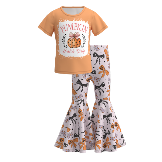 (Custom Design Preorder MOQ 5) Pumpkin Top Bows Bell Pants Girls Halloween Clothes Set