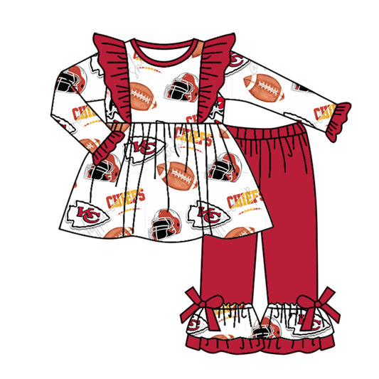 (Custom Design Preorder MOQ 5) Team's KC White Tunic Top Red Ruffle Pants Girls Fall Clothes Set