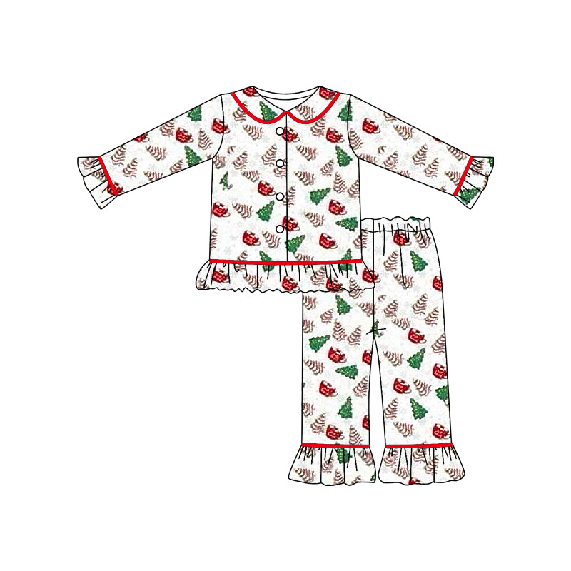 (Custom Design Preorder MOQ 5)  Christmas Cake Print Girls Buttons Pajamas Clothes Set