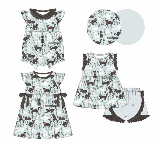 1.4(Custom Design Preorder MOQ 5 Each Design) Cats Print Girls Summer Matching Clothes Sisters Wear