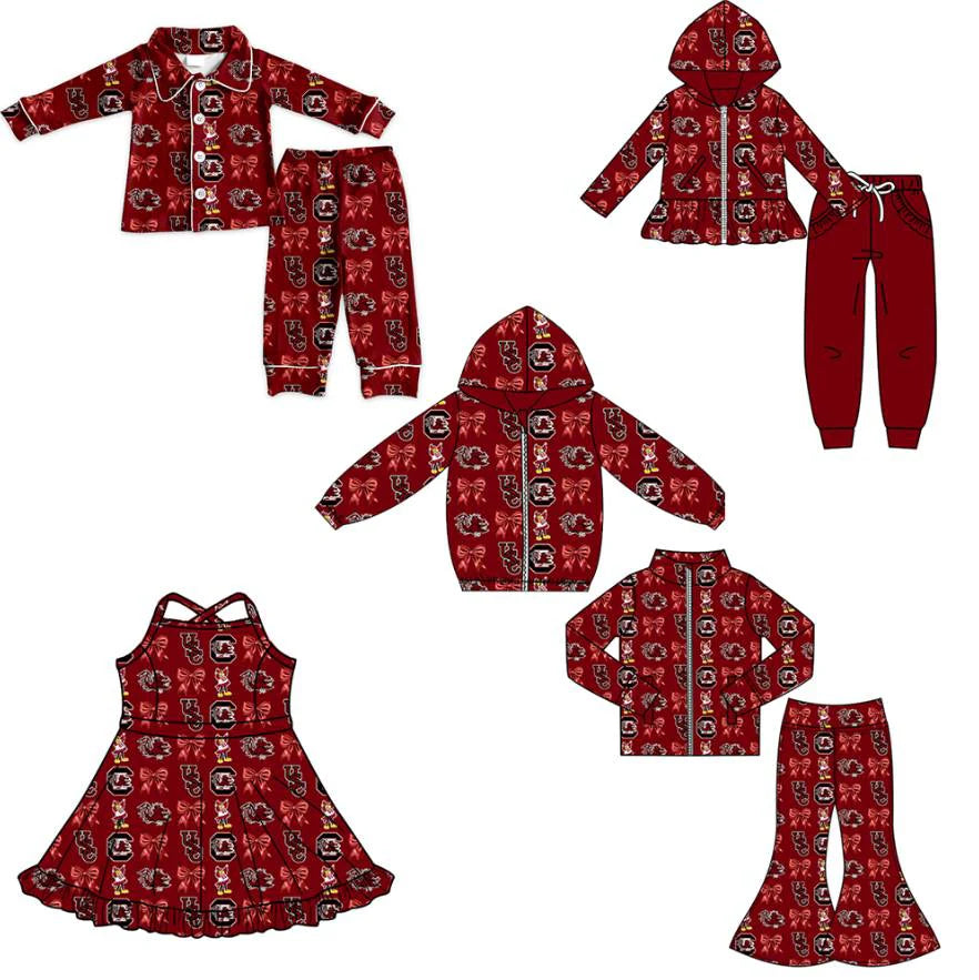 (Custom Design Preorder MOQ 5 Each Item)Team's Gamecock Bows Wine Print Girls Matching Clothes