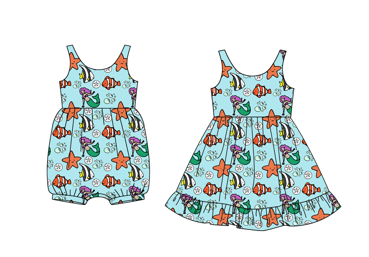 12.9 (Custom Design Preorder MOQ 5 Each Design) Mermaid Print Girls Summer Matching Clothes Sisters Wear
