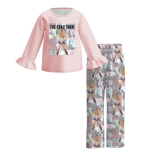 (Custom Design Preorder MOQ 5)  Eras Tour Pink Top Singer Swiftie Pants Girls Fall Clothes Set