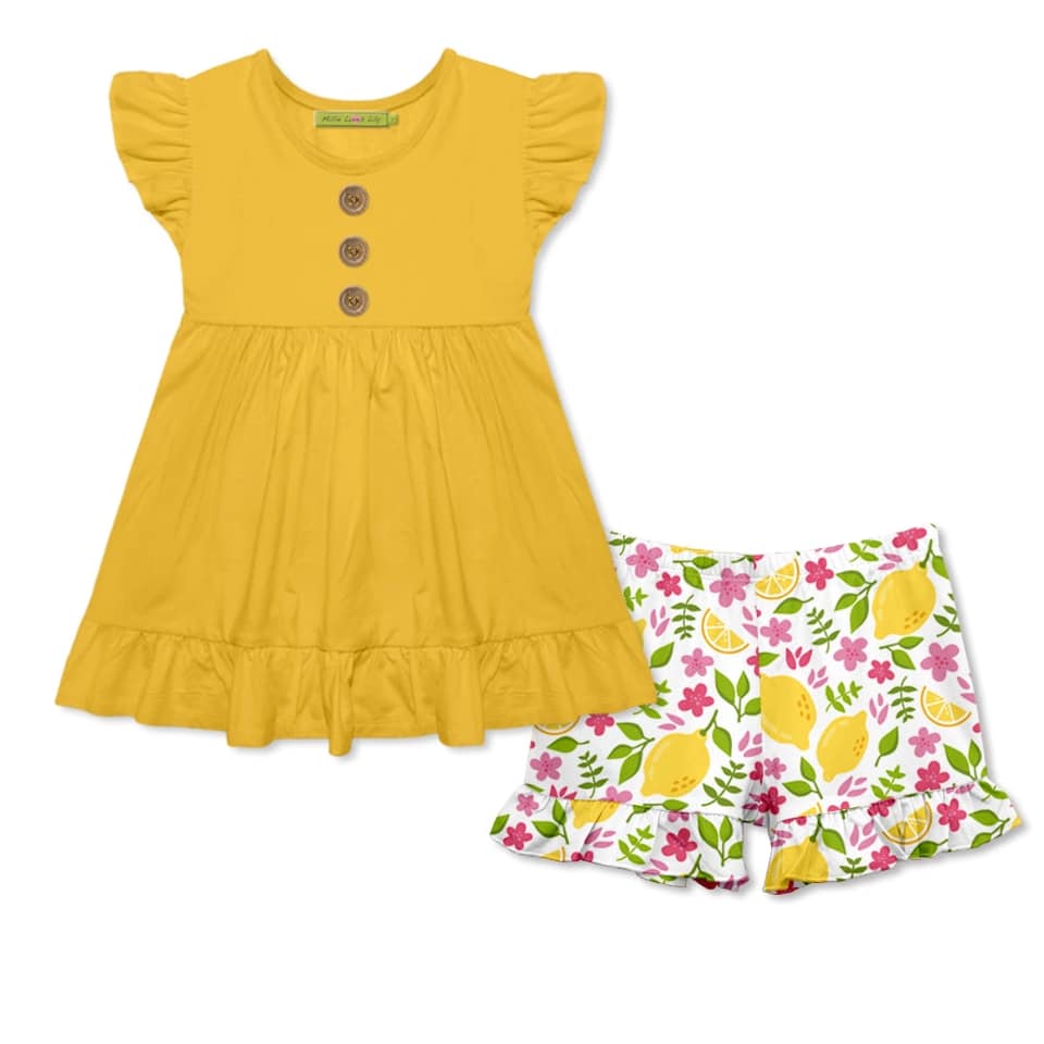 (Custom Design Preorder MOQ 5) Yellow Tunic Top Lemon Flowers Shorts Girls Summer Clothes Set