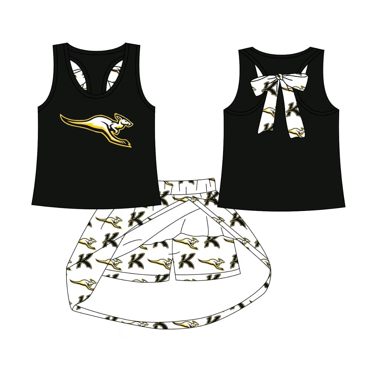 (Custom Design Preorder MOQ 5) Team's KANGAROO Black Top Skirts Shorts Girls Summer Clothes Set